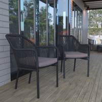 Flash Furniture SDA-AD892006-BK-2-GG Kallie Set of 2 All-Weather Black Woven Stacking Club Chairs with Rounded Arms & Gray Zippered Seat Cushions